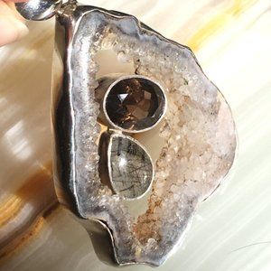 Jumbo Pendant Druzy & Tourmalinated Quartz .925 Sterling Silver Genuine Gemstone